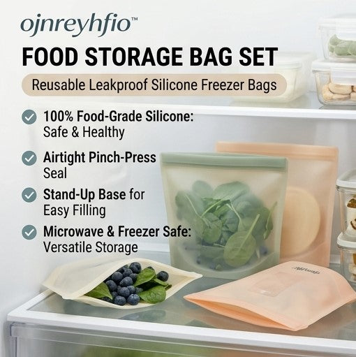 ojnreyhfio™ Food Storage Bag Set – Reusable Leakproof Silicone Freezer Bags