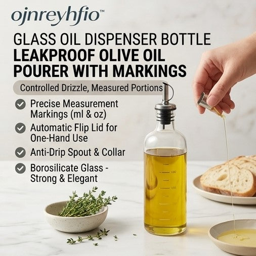 ojnreyhfio™ Glass Oil Dispenser Bottle – Leakproof Olive Oil Pourer with Measurement Markings
